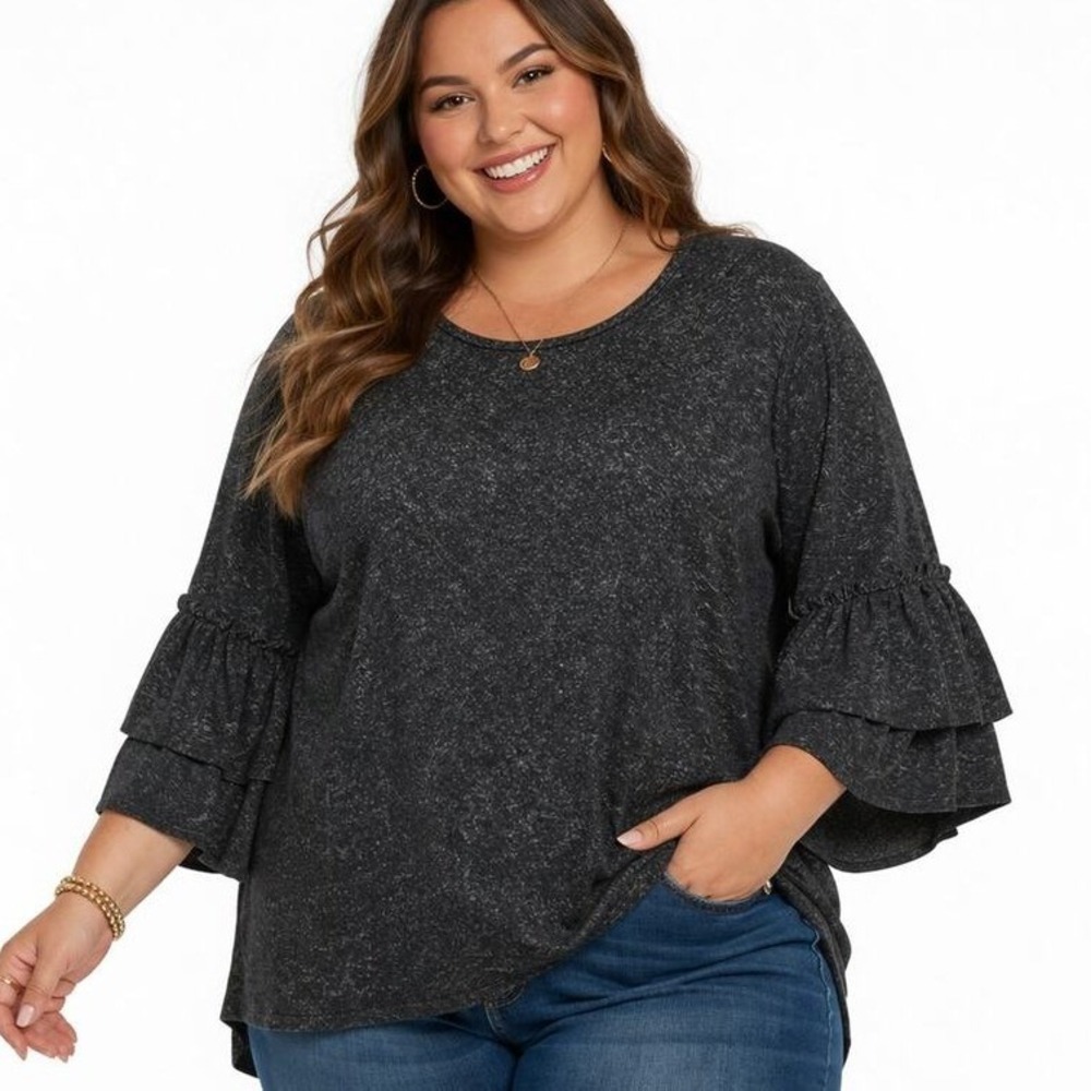 Plus Size Whimsigoth Women's Top 3x Ruffle Sleeve Textured‎ Black